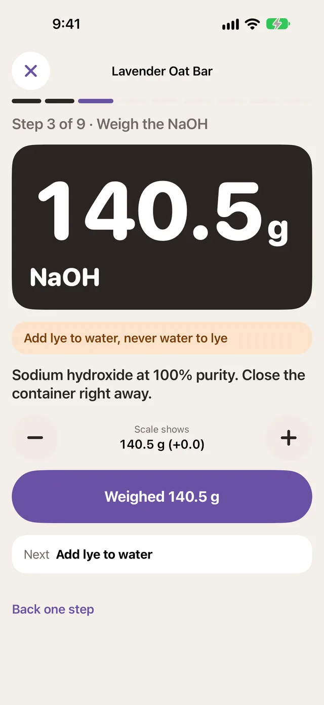 Lyewise soap day step 3 of 9: weigh 140.5 g NaOH, add lye to water, never water to lye