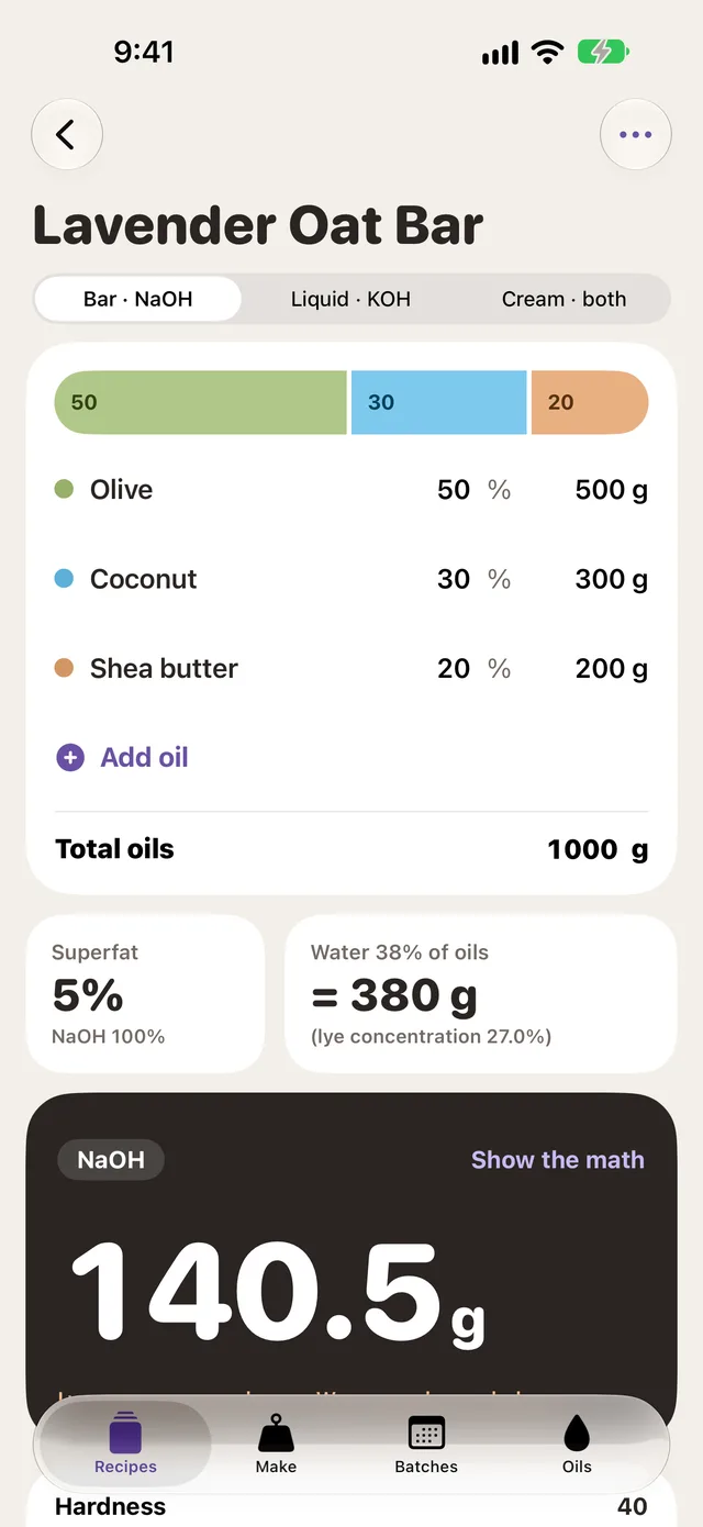 Lyewise recipe: Lavender Oat Bar, olive 50%, coconut 30%, shea 20%, 1000 g of oils, NaOH 140.5 g in a dark card
